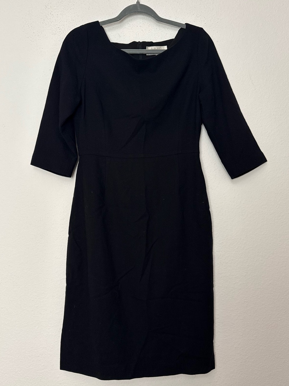 Goat Black Wool Sheath Dress Size 10 3/4 Sleeve Quiet Luxury Workwear